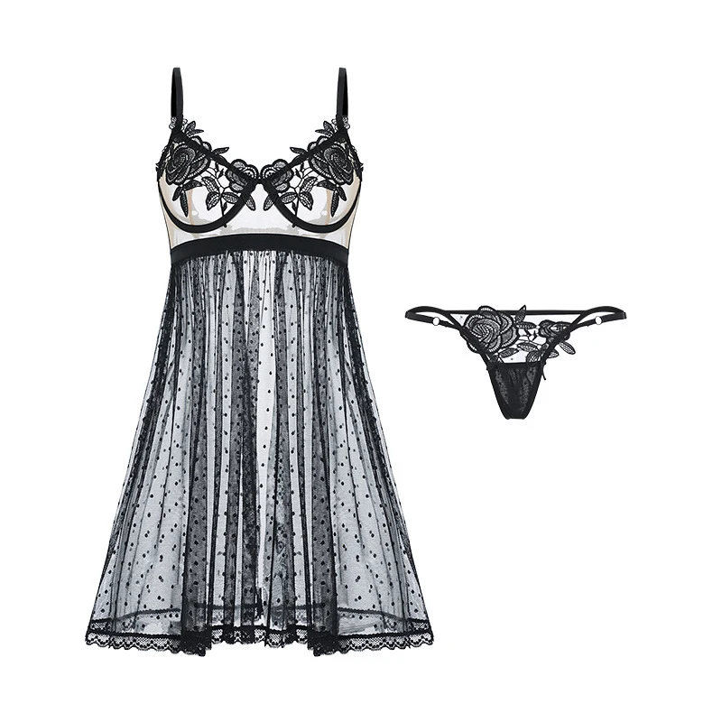 

Sexy Mesh Polka Dot Women Clothing Lace Sling See Through Temptation Night Dress Deep V Collar Hollow Backless Home Wear