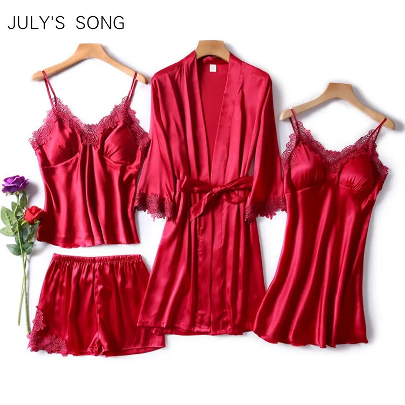 JULY'S SONG 4 шт. сексуальная пижама набор для женщин из искусственного шелка халат кружева слинг шорты летний халат пижамы с нагрудными накладками