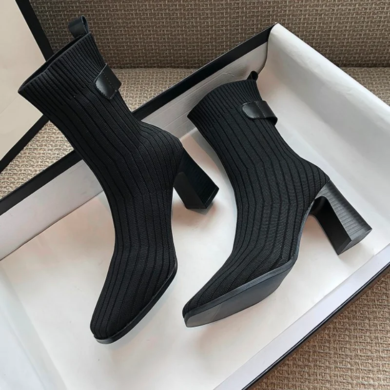 

Fashion Sexy Sock Boots Women Knitting Stretch High Heels Boot Shoes for Women 2021 Spring Autumn New Slip on Mid-Calf Boots