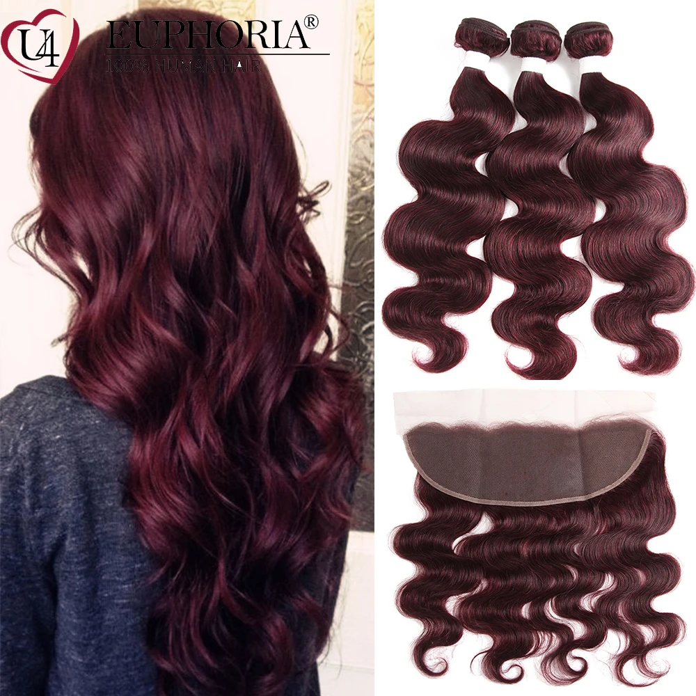 

99J Body Wave Bundles With Frontal 13x4 Lace Burg Brown Brazilian Remy Human Hair 3 Bundles With Lace Closure Frontal EUPHORIA