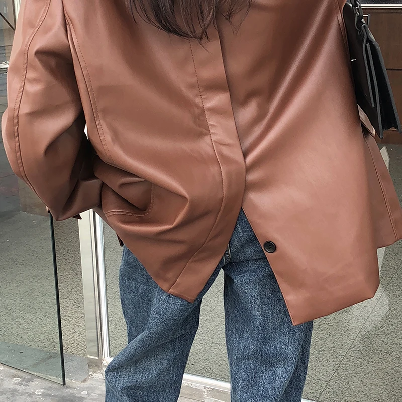 

Pu Faux Leather Coat For Women 2021 Korean Loose Fit Lapel Y2k Long Sleeve Clothes Chic Vintage Female Outwear Brown Fur Jacket