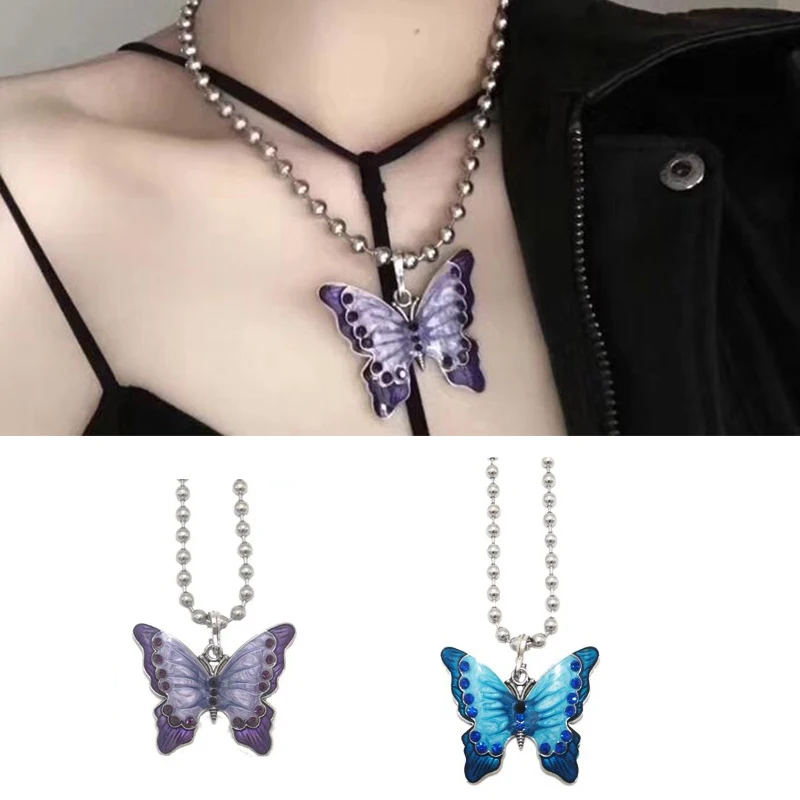 

Ins Girl Butterfly Pendant Necklaces Women Vintage Harajuku Stainless Steel Letter Beads Choker Cool Girls Punk Sliver Chain