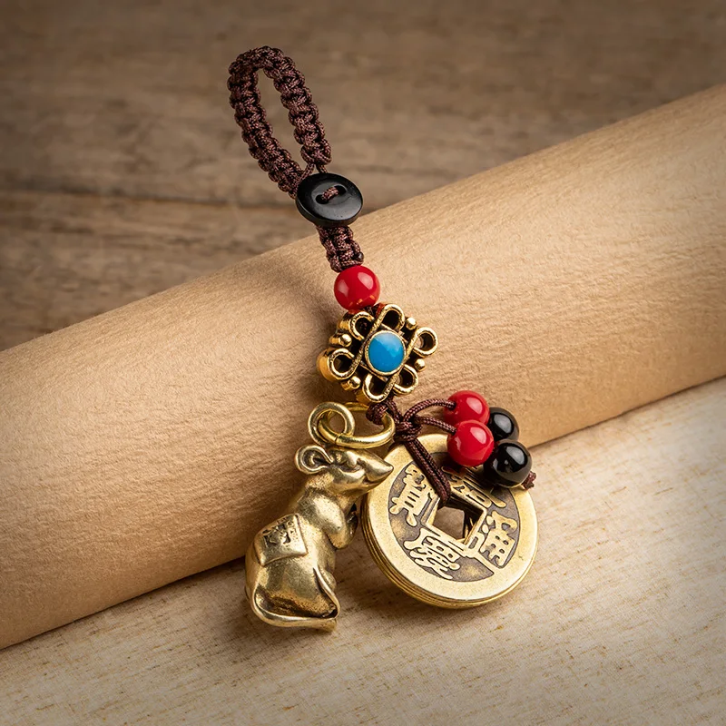 Винтажный латунный подвесной брелок для ключей с крысой благословением ручная