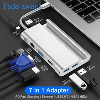 type c hub docking station for laptop smartphone 7 in 1 vga pd lan hdmi compatible usb 3 0 port for samsung huawei matebook13 15