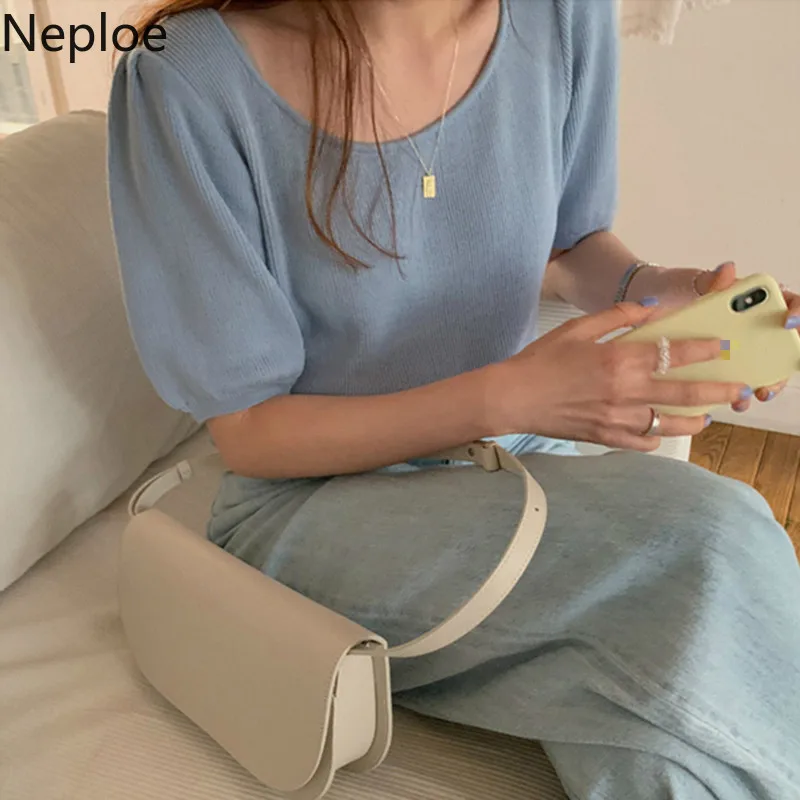 Футболка Neploe Женская трикотажная однотонный топ с круглым вырезом и коротким