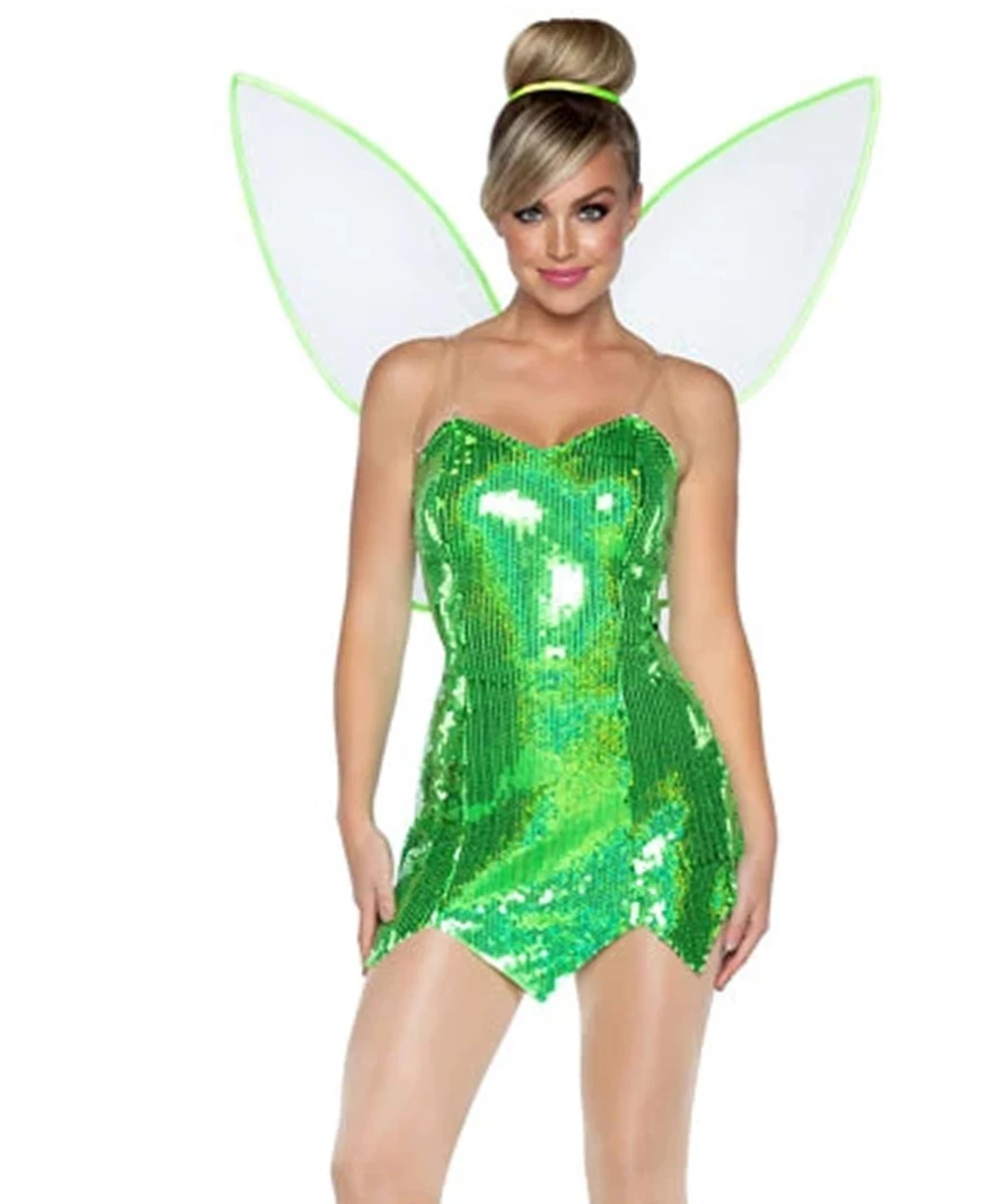 

Women Ladies Fairies Tinker Bell Deluxe Costume Cosplay Dress Sexy Sequin Dress with Wings Fancy Halloween Christmas Party