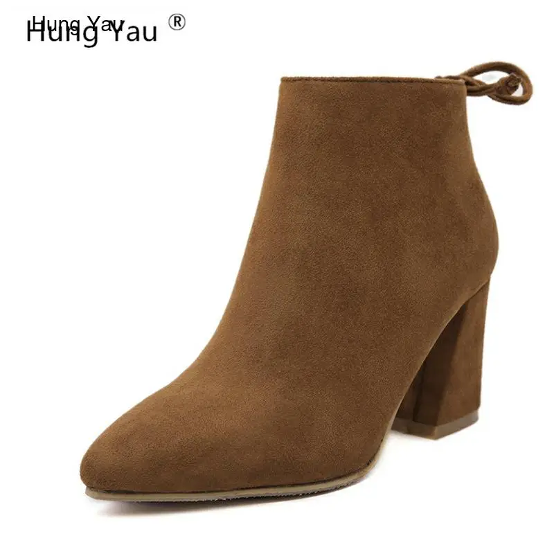 

Женские Классические ботинки челси Hung Yau, коричневые ботинки с бахромой и острым носком, ботильоны на толстом каблуке, размеры 34-39, для осени