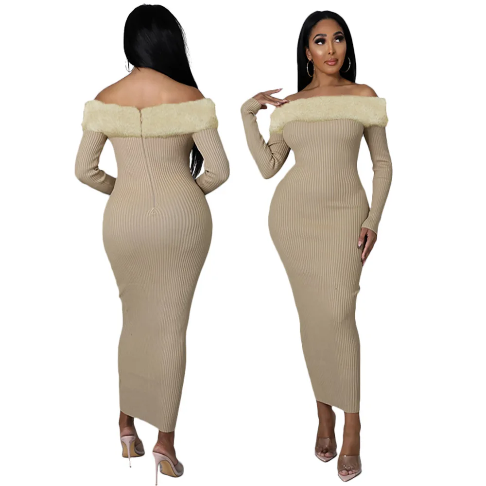 

Oluolin Winter New Slim Plush Stitching Dress Ladies Sexy Wrap Chest Off Shoulder Long Sleeve Rib Striped Knitted Long Dress