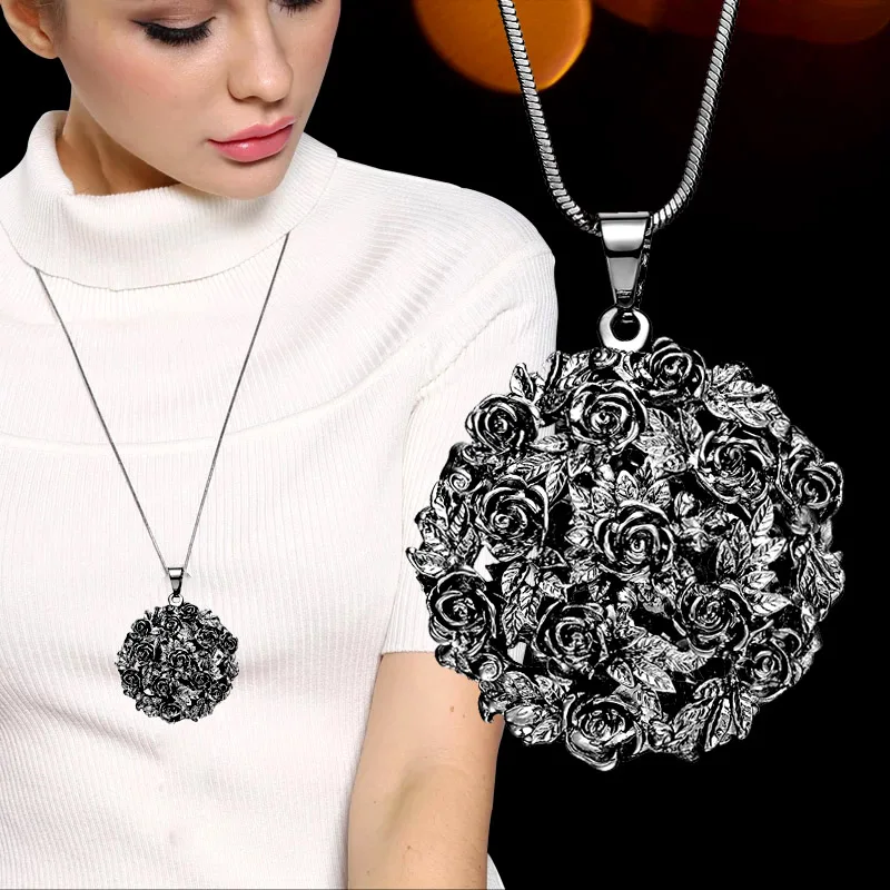 

LEEKER Gothic Style Black Rose Flower Ball Big Pendant Necklace Long Snake Chain Women Statement Vintage Jewelry 100 LK7