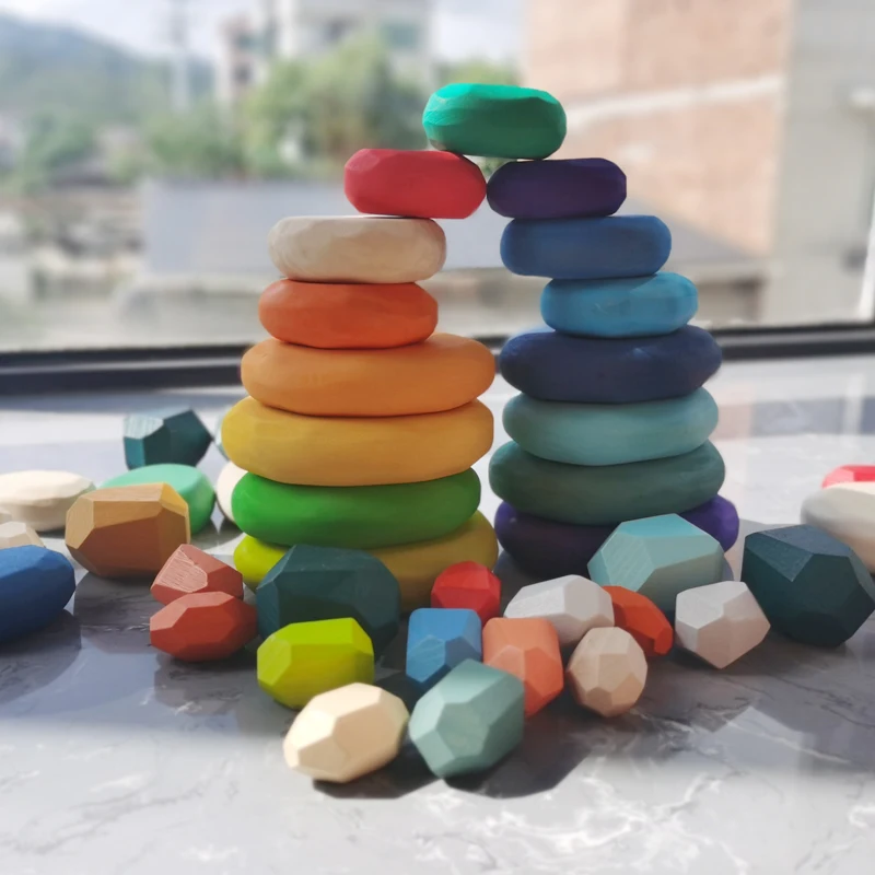 

Kids Large Wooden Toys Rainbow Stacking Jenga Natural Solid Flat Stone Building Blocks/Baby Early Montessori Learning Game