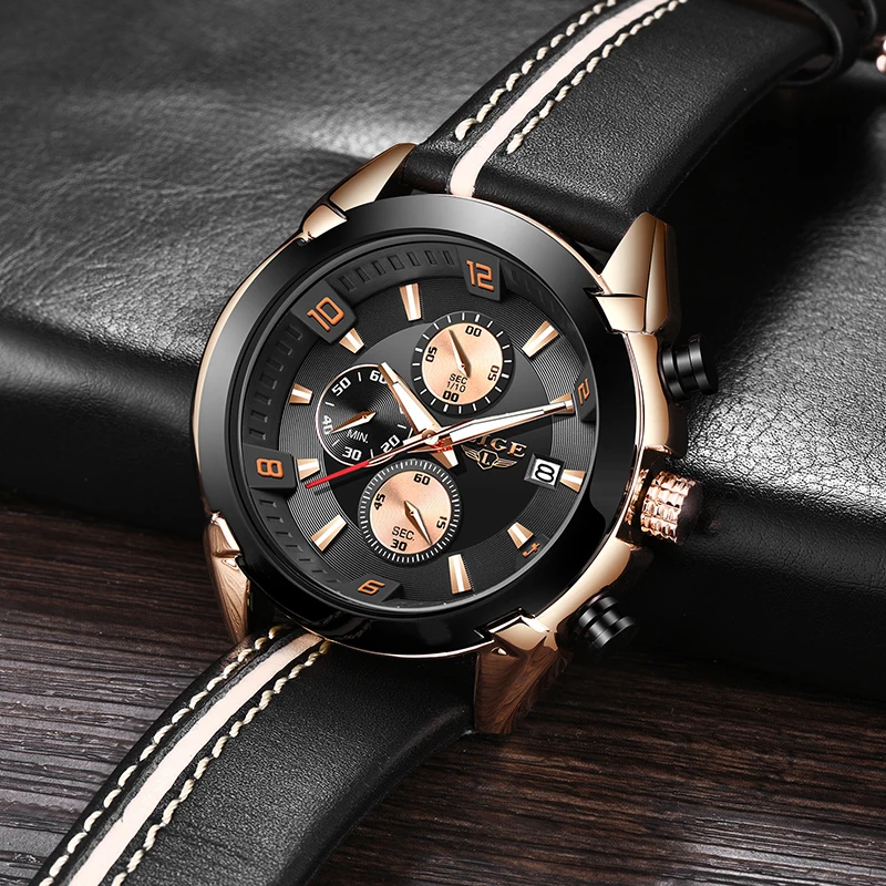 Часы наручные LIGE Мужские кварцевые с кожаным ремешком люксовые брендовые
