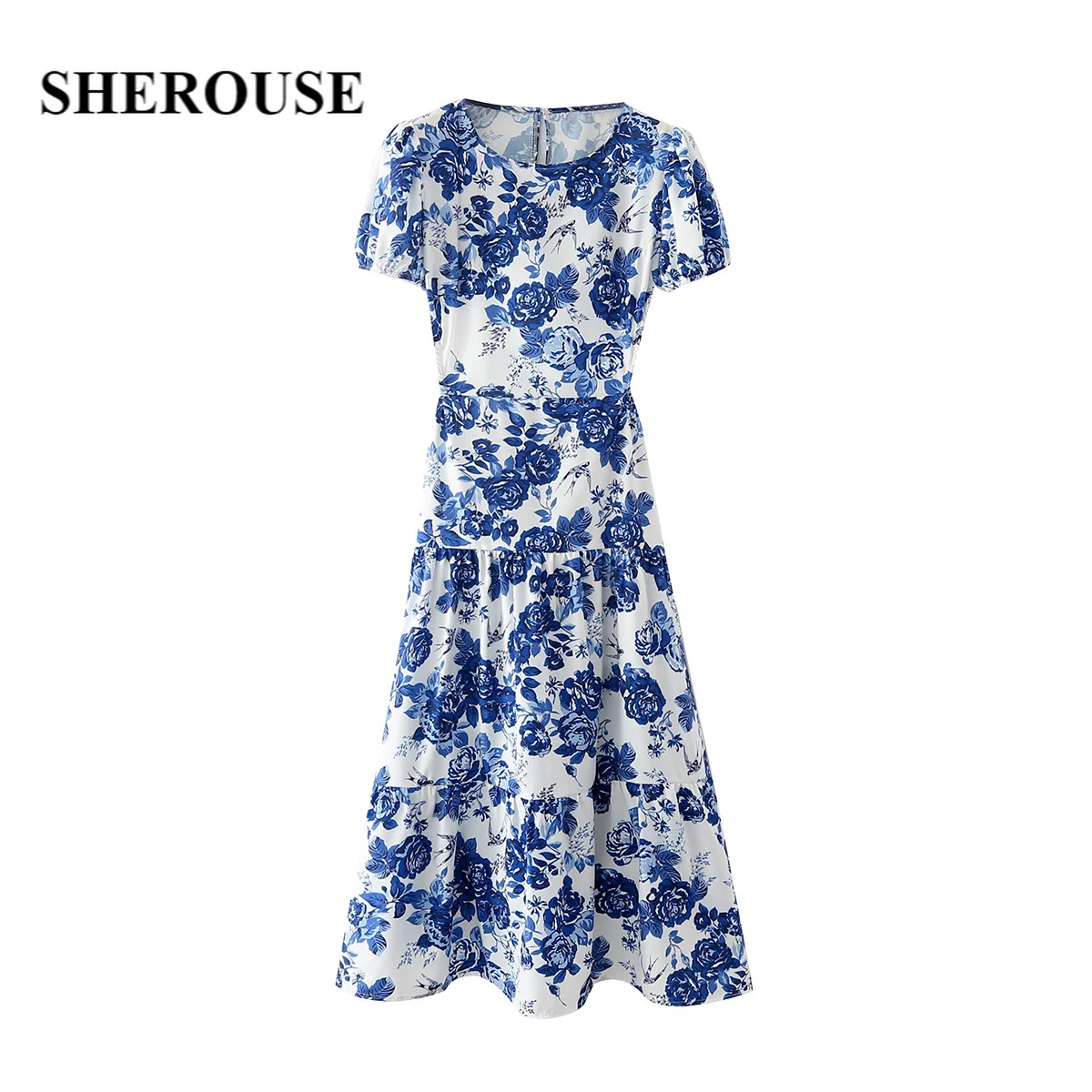 

Sherouse Women Fashion Floral Printed Dress Backless Detail with Ties Short Puff Sleeves Chic Lady High Street Midi Dresses