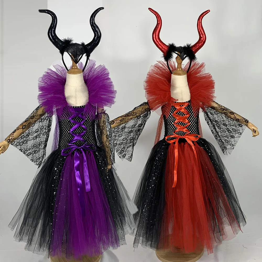 Юбка-пачка Maleficent Of Evil Queen платья для девочек с рогами костюм ведьмы на Хэллоуин