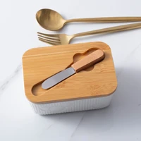 engraved pure white ceramic butter dish with bamboo lids honey pot cheese container procelain butter box