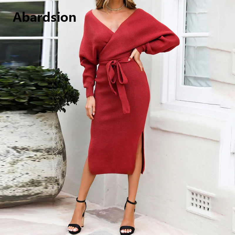 Женское трикотажное платье свитер Abardsion зимнее средней длины с поясом и двойным v