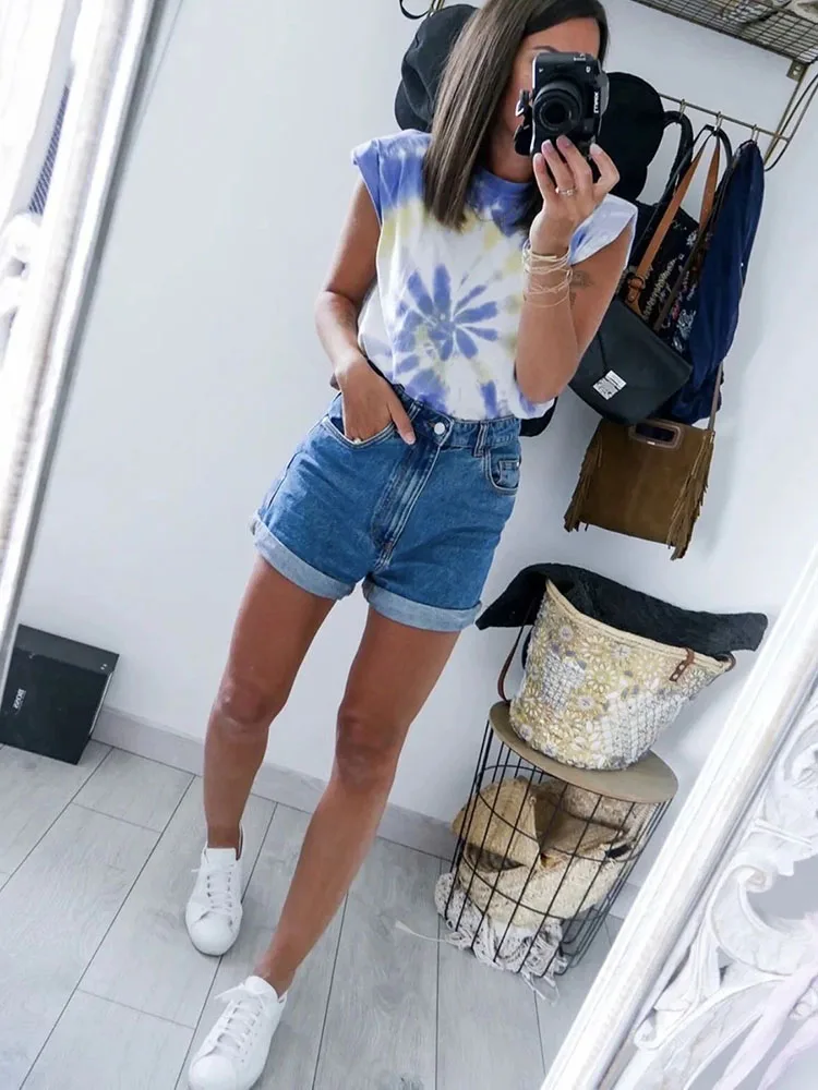 

2020 Women za Fashion Solid 95% Cotton Shoulder pad T-shirt Vintage O-Neck Sleeveless Tops Casual Girls Streetwear