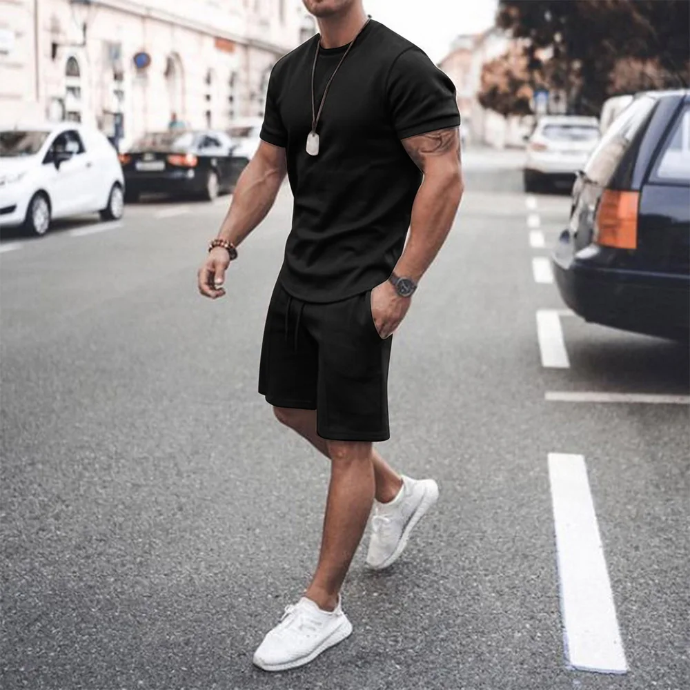 

2021 Men's Casual Sets Shor T-shirt+Shorts 2-Piece Set Summer Male loose Solid Suit Stretch Cotton Jogging Tracksuit Set S-3XL