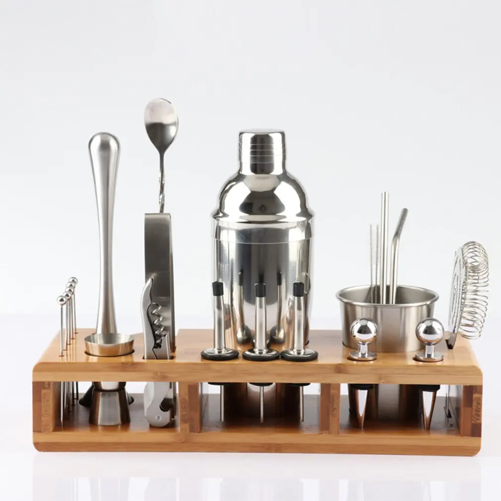 23pcs Stainless Steel Cocktail Shaker Set Barware Kit with Square Wooden Rack for Bartender Drink Party Bar Tools | Дом и сад