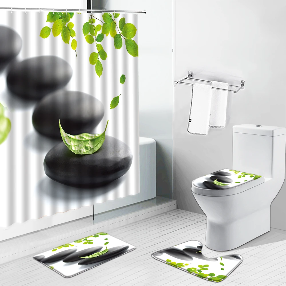 

Zen Stone Flower Green Leaf Scenery Bathroom Shower Curtains Chinese Style Buddha Bamboo Print Toilet Lid Cover Bath Mat Carpet