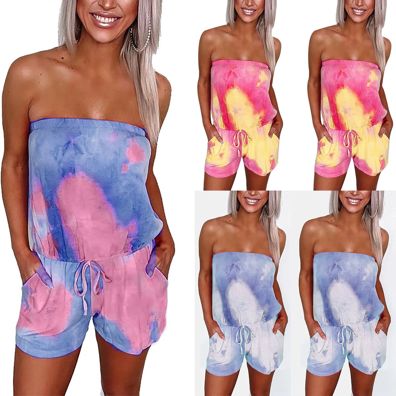 

Jumpsuit 2021 Fashion Women Tube Top Sleeveless Tie-Dye Gradient Waist Drawstring Overalls Jumpsuit