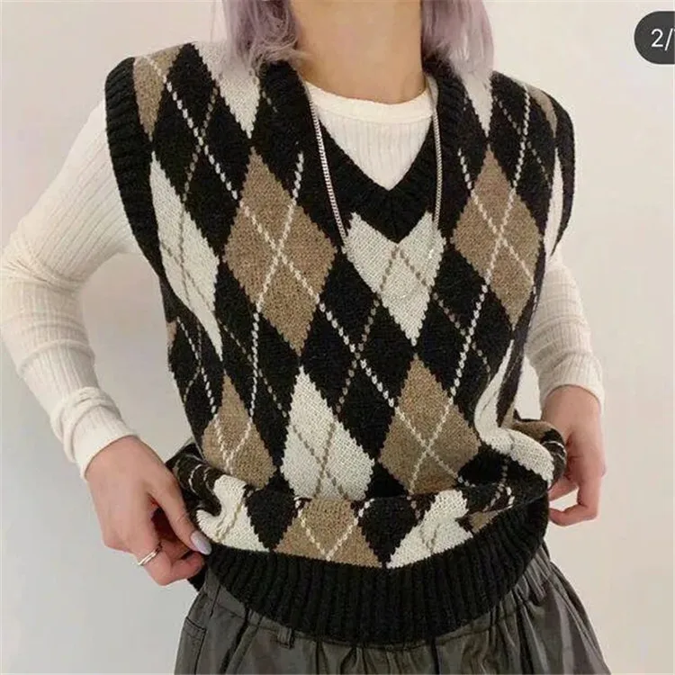 

BM Style Double-Sided Jacquard Design Plaid Knitted Vest Autumn New Women's Elegant V-neck Loose Sleeveless Sweater Fashion