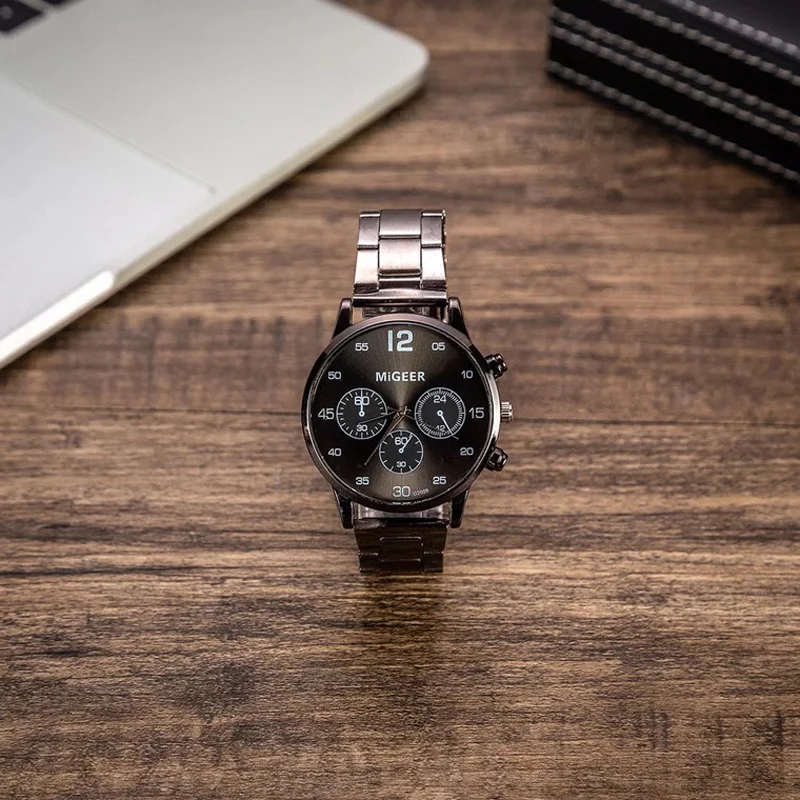 Модные мужские часы подарочный набор Стальные наручные складной кожаный