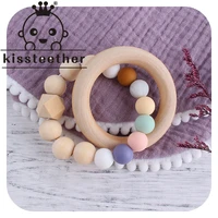 kissteether bpa free wooden ring baby teether rainbow silicone beads teether bracelets newborn teething toys rodent molar toys