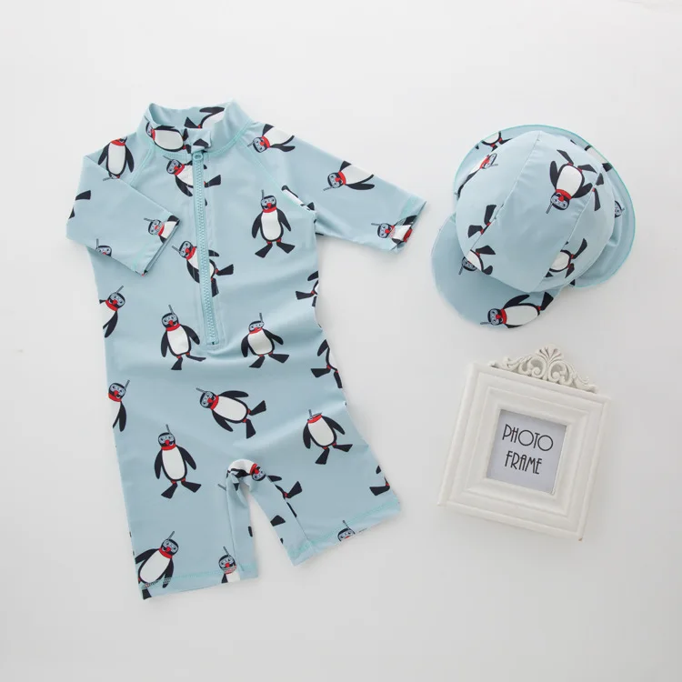 New Summer Boy Baby Swimwear+Hat 2Pcs Set Penguin Animals Swimming Suit Infant Toddler Kids Children Swimwear Kids Beach Bathing
