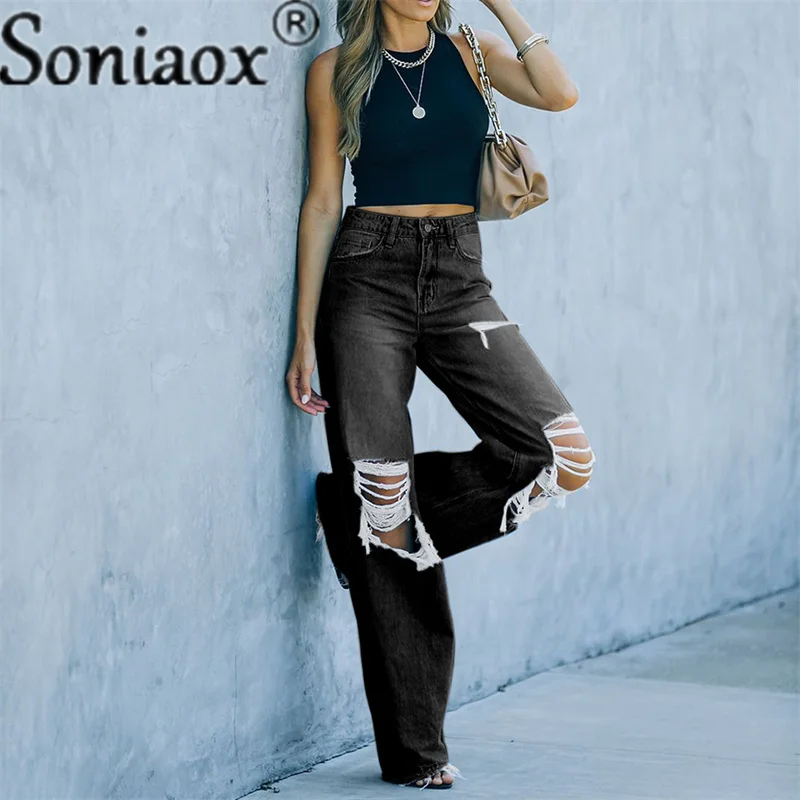Women Ripped Wide Legs Jeans Streetwear Female High Waist Baggy Straight Leg Pants Casual Solid Hole Boyfriend Denim Trousers