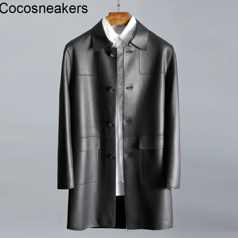 

Luxury tasting Leather Classic Single breasted men's medium and long leather windbreaker composite velvet real leather coat