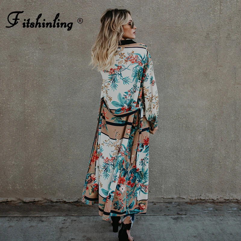 

Fitshinling Print Vintage Kimono Beach Cover Up With Sashes Bohemian 2021 New Arrival Holiday Long Cardigan Long Sleeve Outing