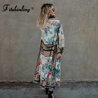 fitshinling print vintage kimono beach cover up with sashes bohemian 2021 new arrival holiday long cardigan long sleeve outing