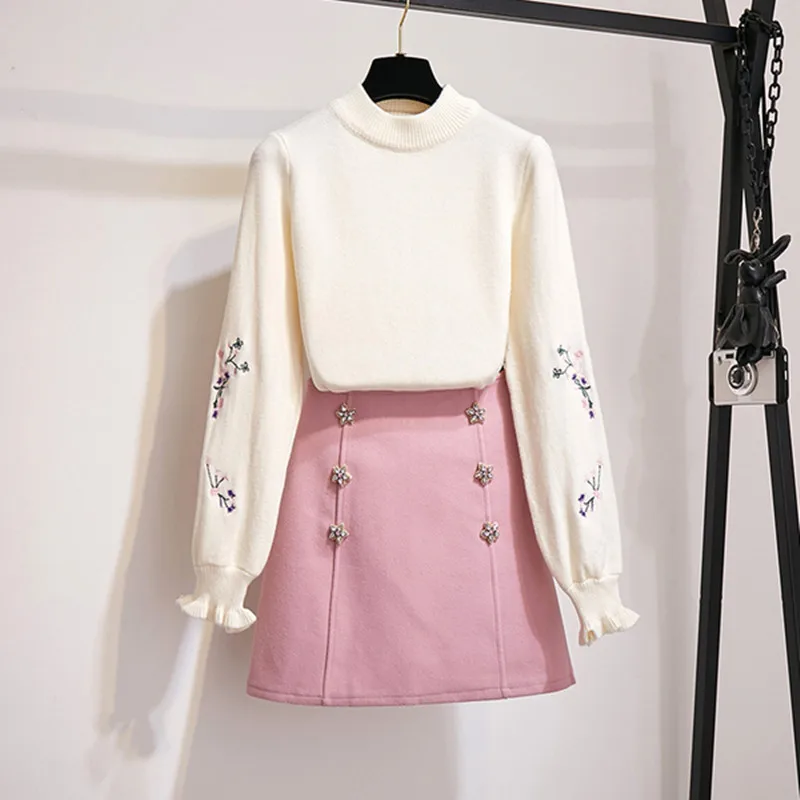 Водолазка с вышитыми цветами вязаный пуловер свитер юбка новый зимний костюм