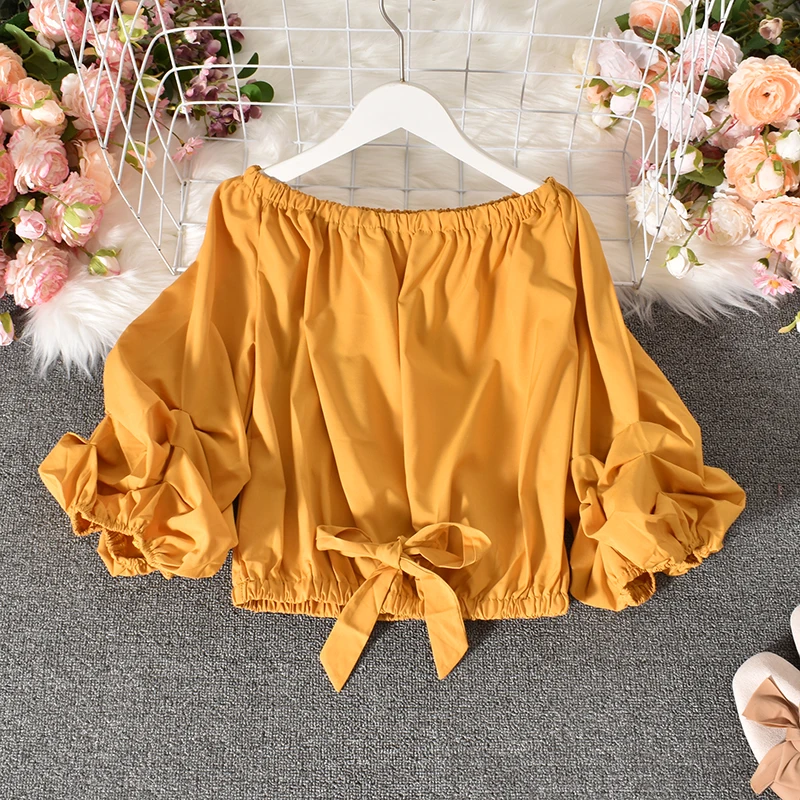 Женская блузка с открытыми плечами базовая короткая рубашка воротником-лодочкой