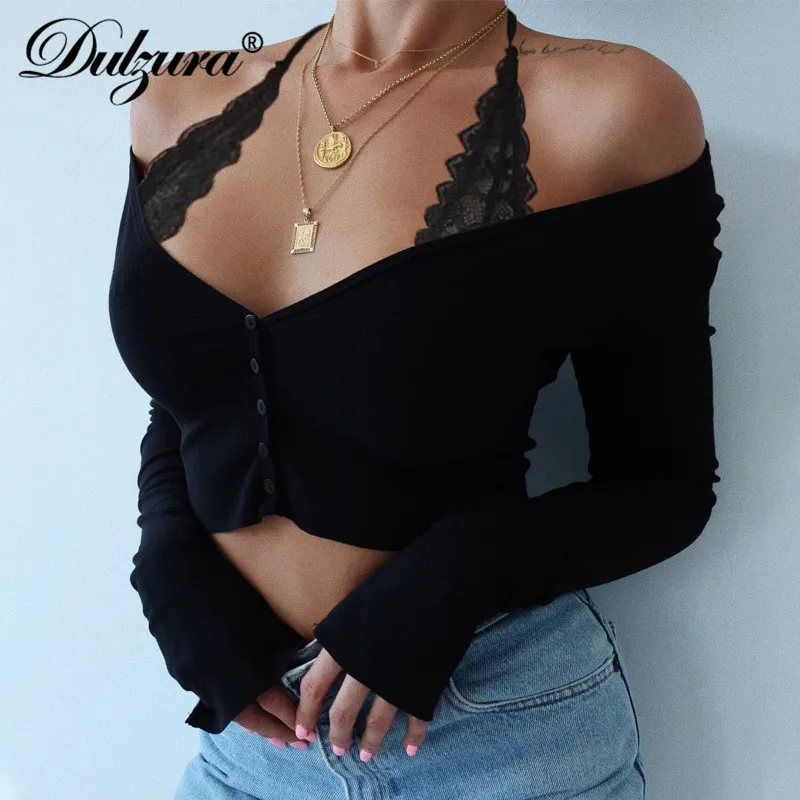 Dulzura lace cardigan knitted women t shirt crop top long sleeve off shoulder bodycon sexy button 2020 summer clothes party club | Женская