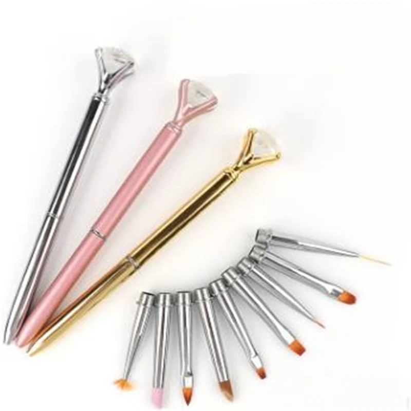 

10pcs/set Nail Art Pen Brush Painting Carving Cuticle Remover Metal Crystal Replace Heads Flat Line Flower Drawing Manicure Tool