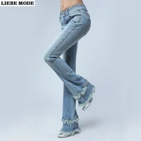 womens flared bootcut blue jeans pants for women mid waist flare jeans 90s retro skinny denim trousers bell bottoms tassel