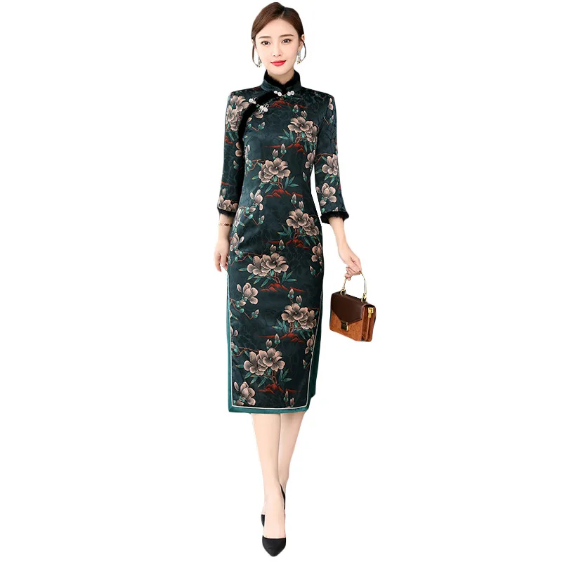 pic Винтажное хлопковое теплое китайское женское жаккардовое платье cheongsam Осень и зима Новинка - Цвет: pic