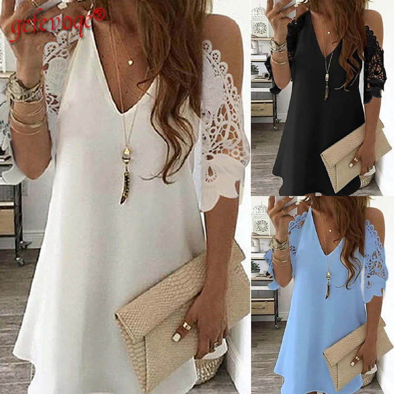 

Women's Oversize Lace Clothes Sling Party Dresses Lady Off Shoulder Midi Dress Half Sleeves Print V-neck Solid Elegant Clothing