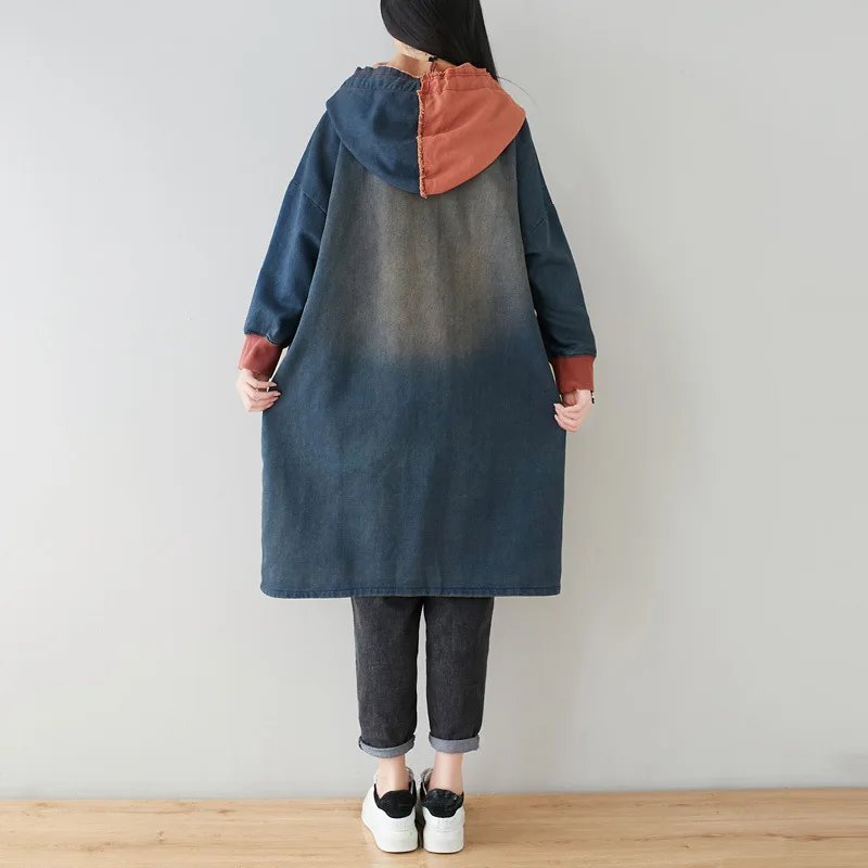 

Midi Length Cowboy Hooded Loose Trench Coat For Women Vintage Washed Denim Coat Plus Size Female Spring Fall Patchwork Outerwear
