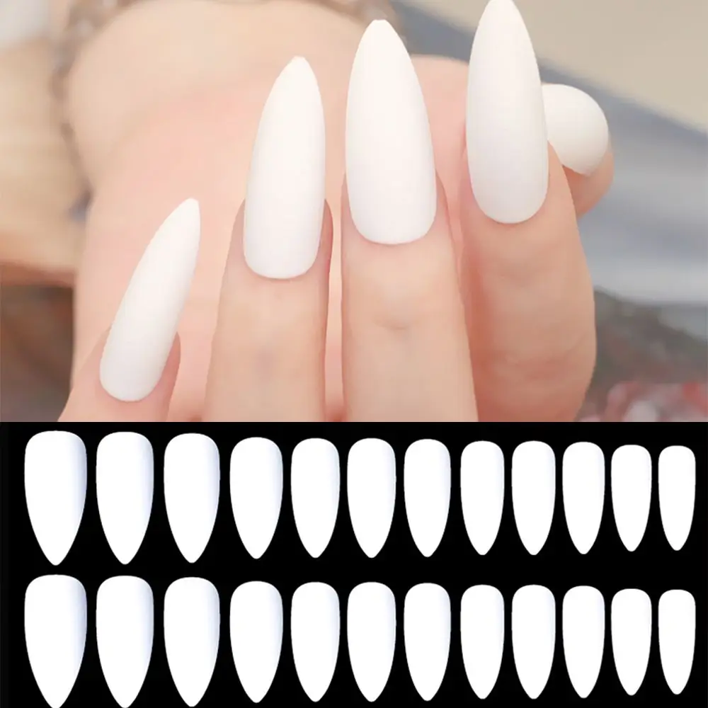 

24Pcs Good Quality Acrylic False Nail Wine Red Black Extra Long Matte Nail Easy Apply Sharp Stiletto Artificial Nail