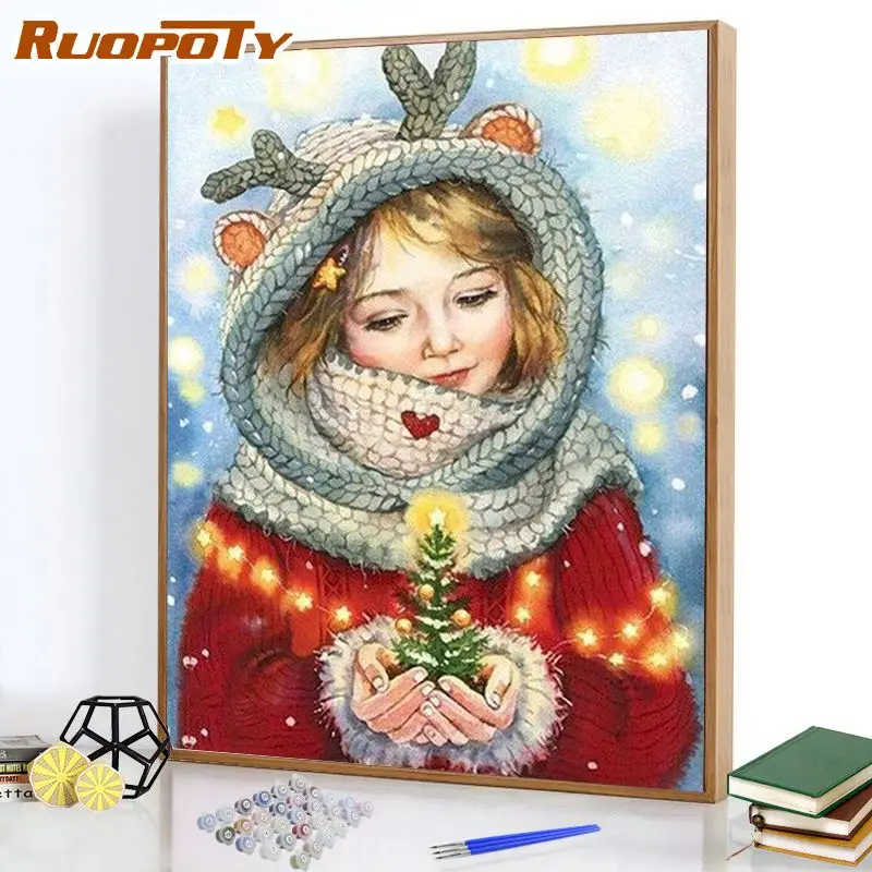 

RUOPOTY Christmas Girl Painting By Numbers 40x50cm for adult handpainted Frameless Digital Home Decor Gift
