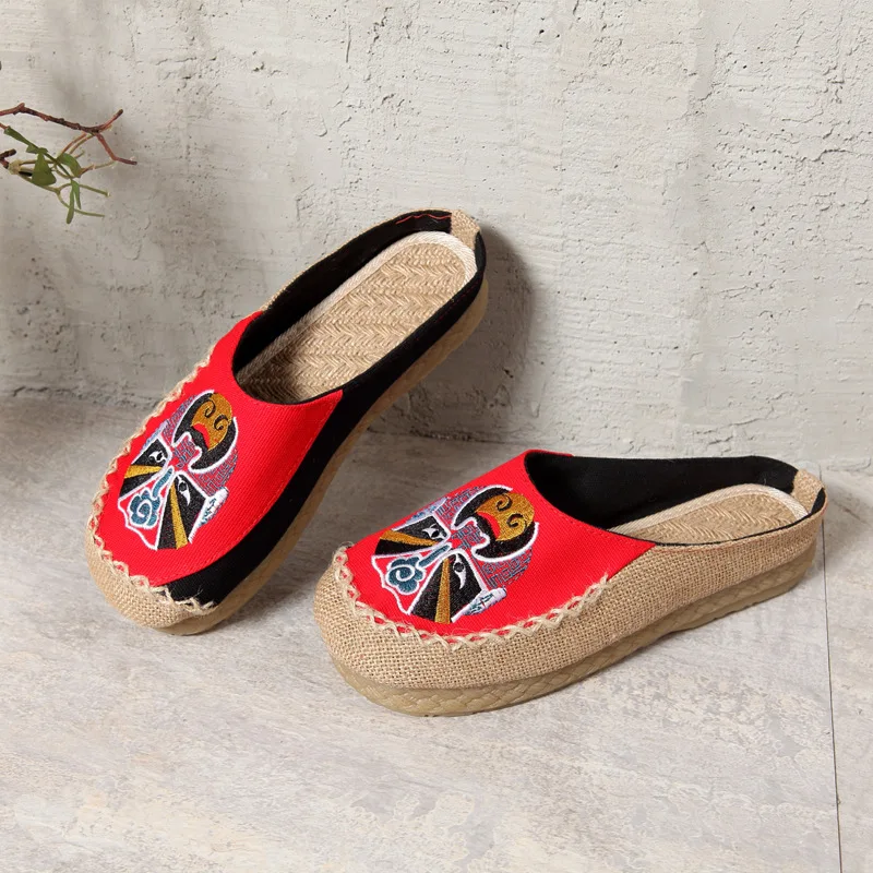 Handmade Embroidery Round Toe Slippers Casual Linen Slip On Loafers Khaki Blue Retro Zpatillas Mujer Sapatos Flats Shoes