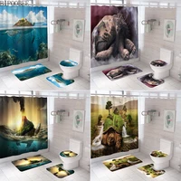 Turtle Island Printing Shower Curtains Sea Turtle 3D Bathroom Curtains Sets Bath Mat Rug Non-Slip Pedestal Rugs Toilet Cover