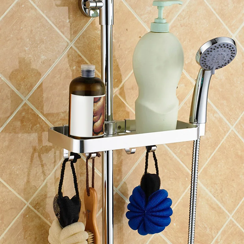 Punch-free Tray Bathroom Rack Space Aluminum Shower Tube Rod Hook Shelf with 4 hooks for towels and shower balls BDF99 | Обустройство