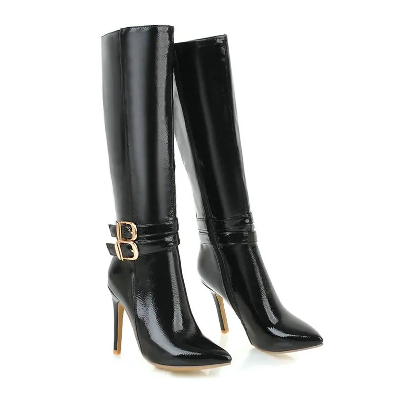 

Красивые Зимние женские сапоги, модные сапоги до колена из лакированной кожи с пряжкой, женские сапоги с острым носком, на молнии, на тонком ...