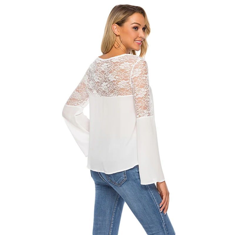

New Fashion Women Lace Patchwork Long Sleeve Embroidery Floral Lace Drawstring Crochet Tee Shirt Tops Blouse
