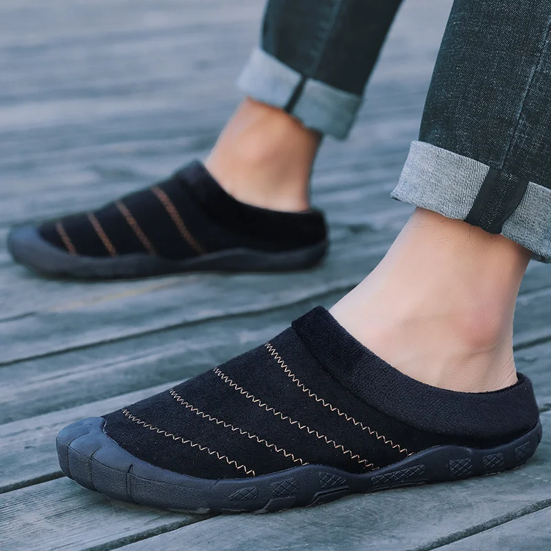 

Men Slippers Winter Simple outdoor Non-slip Thick Bottom Male Mules Warm Flats Heel Slippers half shoes plush warm shoes men