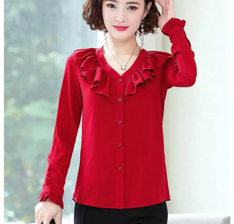 

2020 spring and autumn Summer with New style fashion women Long sleeve V-neck Chiffon mother shirt