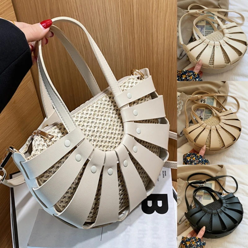 

Straw Semicircle Design Small Tote Bags For Women Summer Beach Woven Shoulder Crossbody Bag Female Travel PU Handbags New
